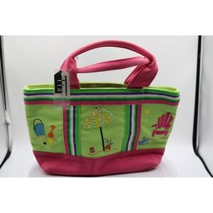 NEW Tila Tote Bag Womens Med Pink Green Beach Embroidered Canvas Summer Tote Bag